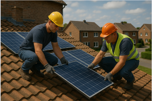 Instaladores colocando paneles solares en un tejado