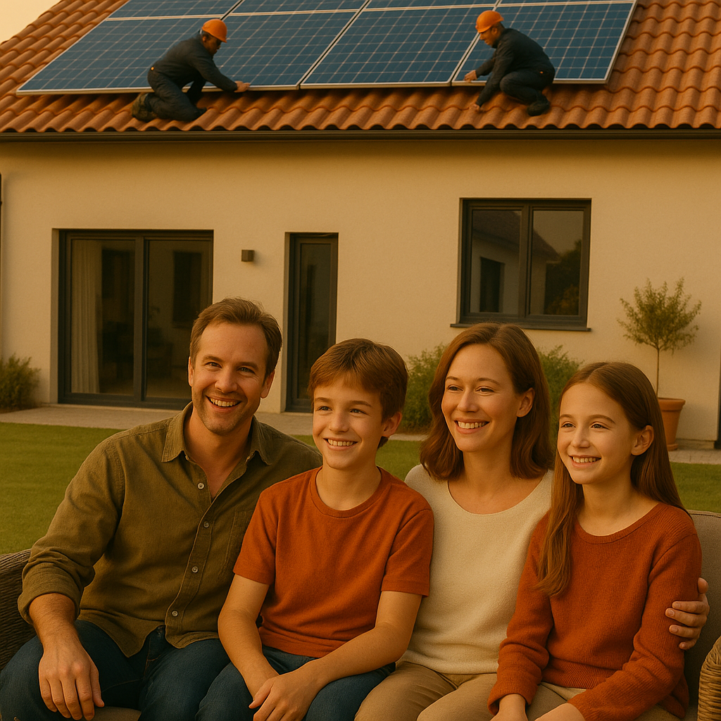Familia frente a casa con paneles solares
